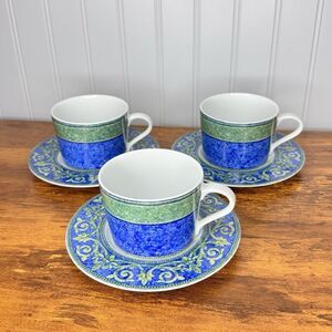 3 Villa Regia Flat Bottom Coffee Cup Saucer Spal Porcelanas Green Blue Portugal